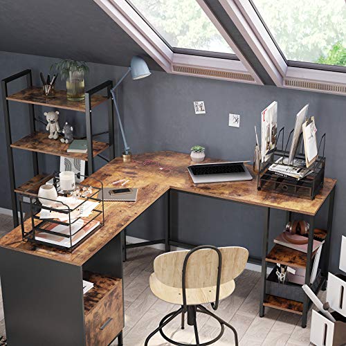 Corner Desk, L-Shaped Computer Desk, Office Desk with Cupboard and Hanging File Cabinet, 2 Shelves, Home Office, Space-Saving, Easy Assembly, Industrial Design, Rustic Brown and Black