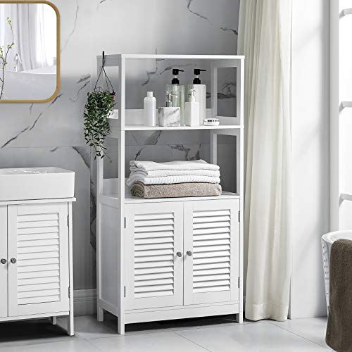 Bathroom Floor Cabinet, Tall Storage Cabinet, Freestanding Bookshelf with 2 Open Shelves and Double Doors, 60 x 32.5 x 122 cm, for Living Room, Kitchen, Study, Entryway, Matte White