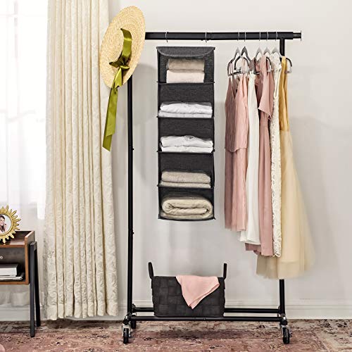 Hanging Storage Shelves, Wardrobe Clothes Organiser, Space Saving and Foldable, Metal Hooks and Bamboo Inserts, Linen Pattern, Grey