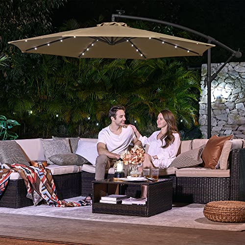 Cantilever Garden Patio Parasol with Solar-Powered LED Lights, 3 m Offset Parasol with Base, UPF 50+ Banana Hanging Umbrella, Crank for Opening Closing, Taupe