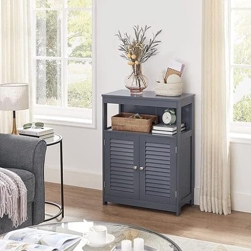 Wooden Bathroom Floor Cabinet Storage Organiser Rack, Kitchen Cupboard Free Standing, with Double Shutter Doors, Grey