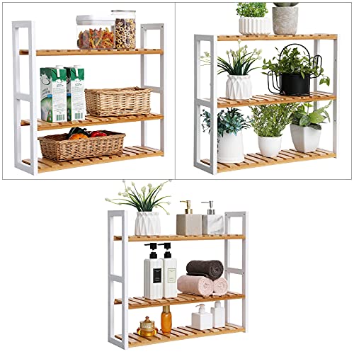 Bamboo Bathroom Shelf, 3-Tier Adjustable Plants Rack, Wall-Mounted or Stand, in the Living Room, Balcony, Kitchen, Natural and White