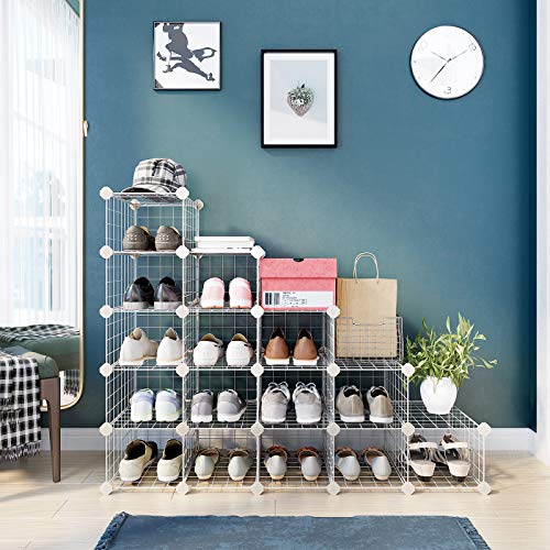 Modular Shoe Rack 15 Cubes, DIY Shelf with Metal Mesh Panels, Wardrobe Cabinet Hallway Bedroom Includes Rubber Gavel, White