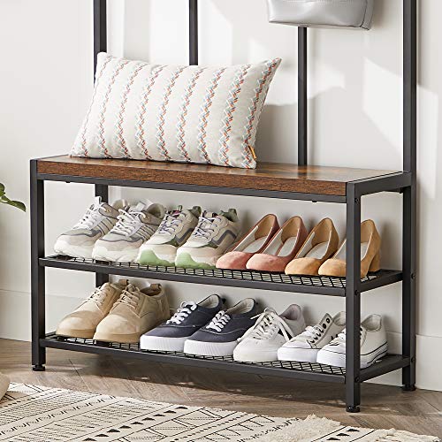 Coat Rack Free Standing, Entryway Organiser, with 8 Dual Hooks and Shoe Bench, 2 Mesh Shelves, for Bedroom, Steel Frame, Industrial, Rustic Brown and Black