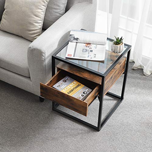 Side Table, Tempered Glass End Table with Drawer and Shelf, Bedside Table, Industrial in Living Room Lounge Foyer, Stable Steel Frame, Rustic Brown and Black