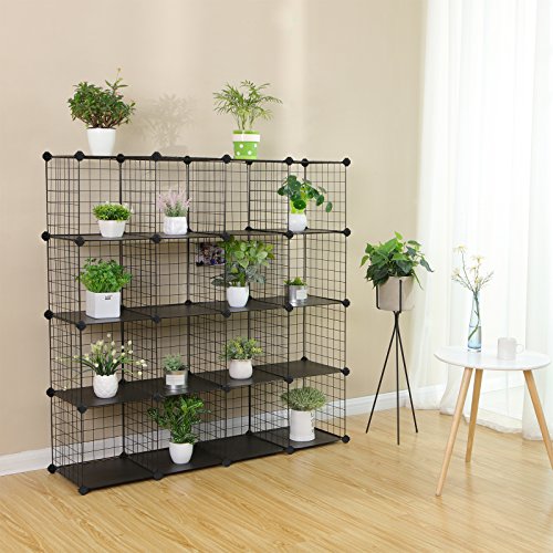 16 Cube Metal Wire Storage Organiser, DIY Closet Cabinet and Modular Shelving Grids, Wire Mesh Shelves and Rack, Black