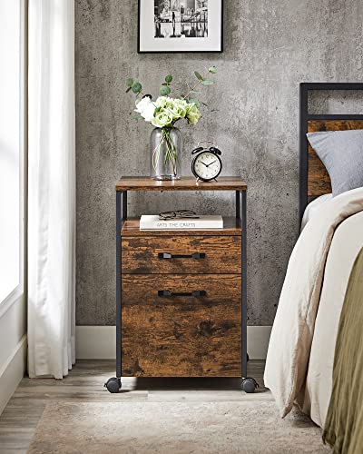 File Cabinet with 2 Drawers, Rolling Office Filing Cabinet with Wheels, Open Compartment, Steel Frame, Industrial Style, Rustic Brown and Black