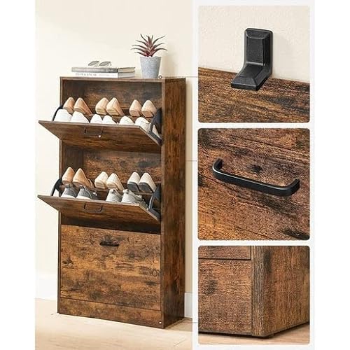 Shoe Cabinet With 3 Flip Doors, 3-Tier Wooden Storage Cupboard, Perfect for Narrow Entrance, Hallway, Living Room, Bedroom, 60 x 24 x 120 cm (L x W x H), Rustic Brown