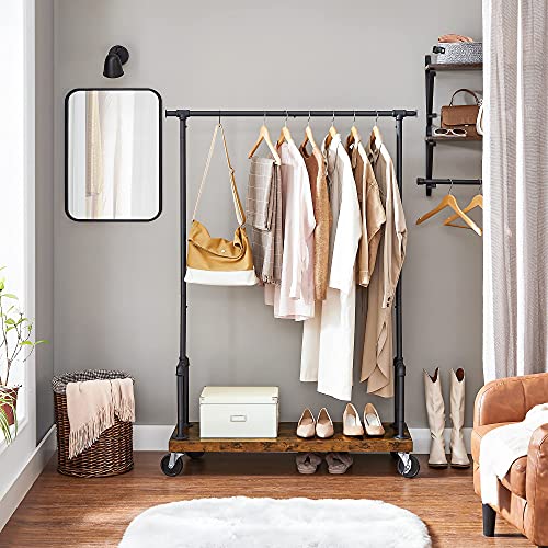 Clothes Rail, Heavy-Duty Clothes Rack with Extendable Hanging Rail, Shelf and Wheels, Industrial Pipe Design, Rustic Brown and Black