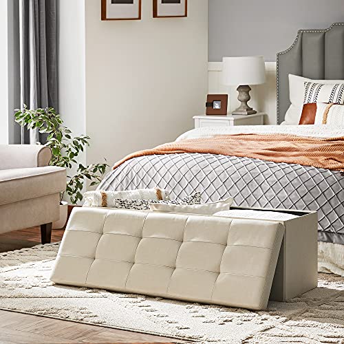 Foldable Storage Ottoman, Tufted Bench, Foot Stool with Lid, Imitation Linen Fabric, 120L, Hold Up to 300 kg, 110 x 38 x 38 cm (L x W x H), Beige