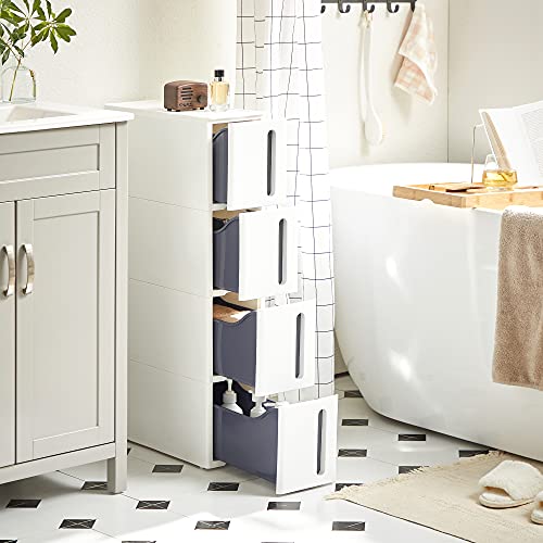 Plastic Storage Drawers, Narrow Storage Trolley on Wheels, 4-Drawer Storage Unit Tower for Bathroom Kitchen, Space-Saving, 45 x 17 x 83 cm, White and Grey