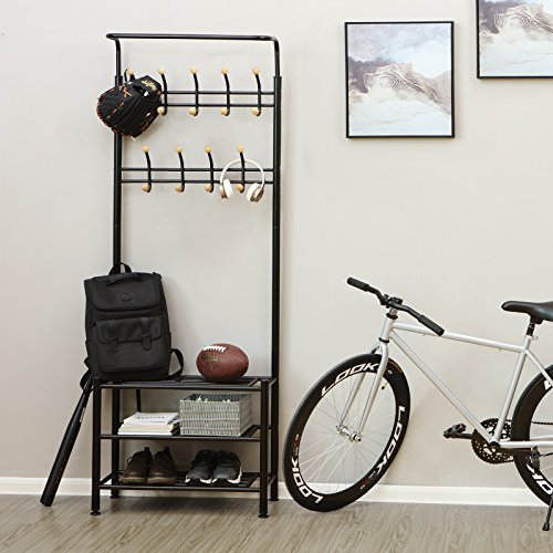 Coat Stand with 3 Shoe Racks with 18 Hooks Tube Diameter 32 mm, Metal, Black, 68.8 x 35.2 x 187 cm