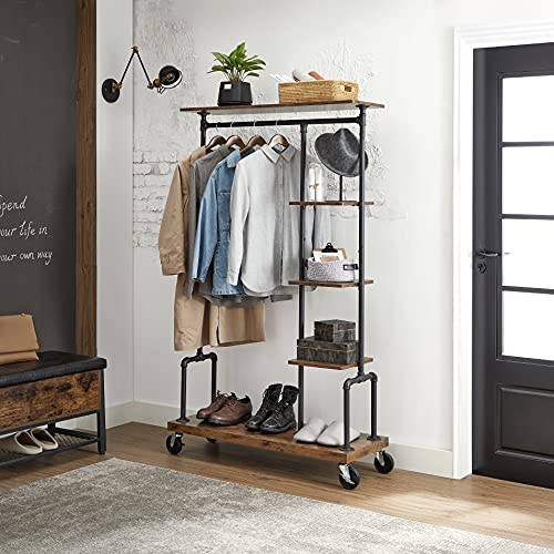 Clothes Rack, Clothing Rack on Wheels, 5-Tier Garment Rack with Metal Pipes, for Bedroom, Store, Laundry Room, Living Room, Rustic Brown and Black