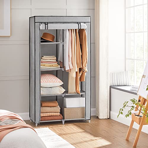 Fabric Wardrobe, Clothes Storage Organiser, 6 Shelves, 2 Hanging Rails, Non-Woven Fabric, Metal Frame, 88 x 45 x 168 cm, for Bedroom, Dressing Room, with Herringbone Pattern, Grey