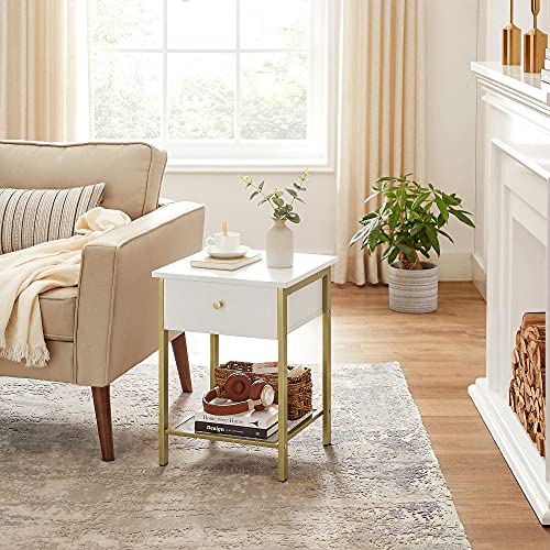 Bedside Table with Drawer and Mesh Shelf for Bedroom Living Room Modern White Gold