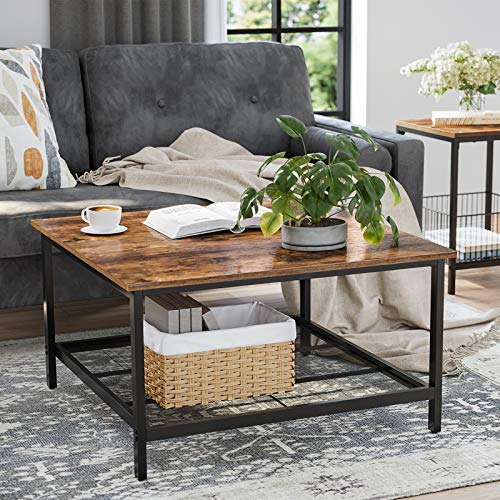 Coffee Table, Square Cocktail Table with Spacious Table Top, Robust Steel Frame and Mesh Storage Shelf, Industrial Style, for Living Room, Rustic Brown and Black