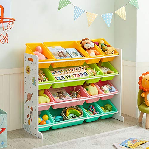 Toy Shelf, Toy Organiser, Nursery Shelf with 16 Removable PP Plastic Boxes, for Nursery, Playroom, School, Yellow, Light Green, Pink and Samar Green