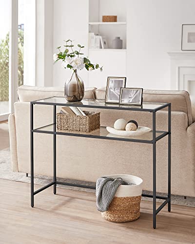 Console Table, Tempered Glass Table, Modern Sofa or Entryway Table, Steel Frame, 2 Shelves, Adjustable Feet, for Living Room, Hallway, Black