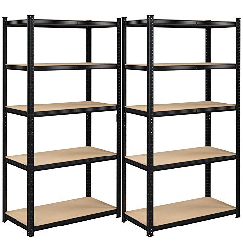 5-Tier Shelving Units, Set of 2 Steel Shelving Units for Storage, Tool-Free Assembly, for Garage, Shed, Load Capacity 600 kg, 50 x 100 x 200 cm, Black