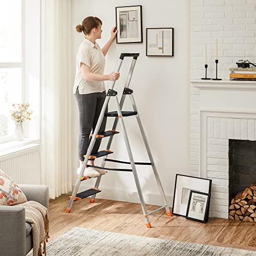 5 Step Ladder, Aluminium, Fold Away with 13 cm Wide Steps, Tool Tray and Anti-Slip Feet, Max. Static Load 150 kg, EN131 Standard, Black and Orange