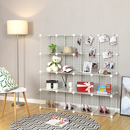 16 Cube Metal Wire Storage Organiser, DIY Closet Cabinet and Modular Shelving Grids, Wire Mesh Shelves and Rack, White