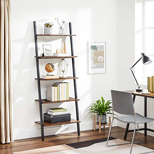 Industrial Ladder Shelf, 5-Tier Bookshelf Rack, Wall Shelf for Living Room, Kitchen, Office, Stable Steel, Leaning Against the Wall, Rustic Brown and Black 