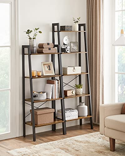 Ladder Shelf, 5-Tier Industrial Bookcase, Storage Unit, with Metal Frame, for Living Room, Kitchen, Rustic Brown