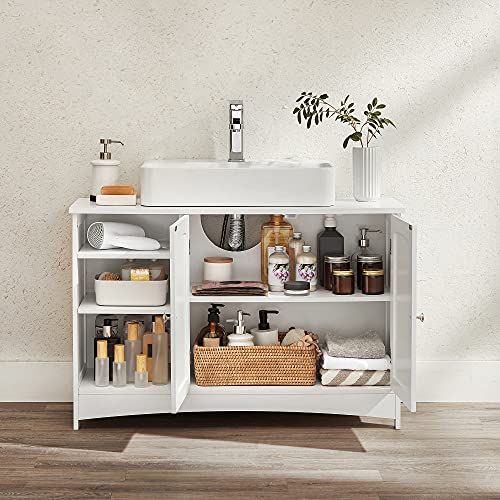 Under Sink Cabinet, Bathroom Sink Cabinet, 90 x 30 x 60 cm, Storage Cupboard with 2 Doors, Open Storage Compartments, Height-Adjustable Shelves, White UK