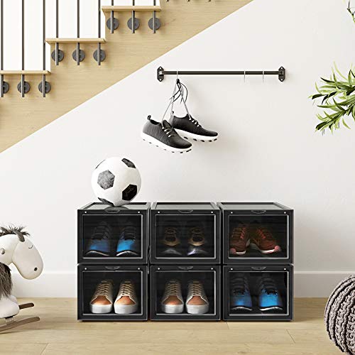 Shoe Box, Stackable Shoe Organiser, Plastic Shoe Storage with Clear Door, Easy to Assemble, Set of 6, 28 x 36 x 22 cm, Sizes up to UK 11, Black