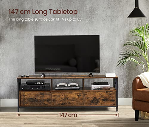 TV Stand, TV Cabinet for up to 65 Inch TV, TV Table with 3 Drawers and 3 Open Shelves, 40 x 147 x 50 cm, for Living Room, Bedroom, Steel Frame, Rustic Brown and Black