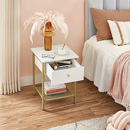 Bedside Table with Drawer and Mesh Shelf for Bedroom Living Room Modern White Gold