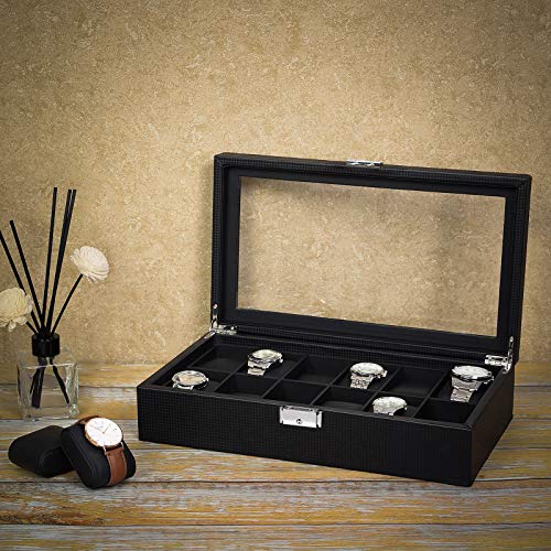 watch box with 12 compartments, large watch box with glass lid, PU cover, velvet lining, metal clasp, great gift for loved ones, 36.2 x 9 x 21.3 cm, black