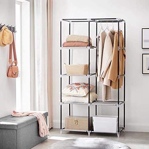 Fabric Wardrobe, Clothes Storage Organiser, 6 Shelves, 2 Hanging Rails, Non-Woven Fabric, Metal Frame, 88 x 45 x 168 cm, for Bedroom, Dressing Room, with Herringbone Pattern, Grey