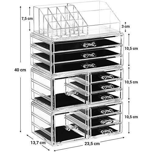 4 in 1 XXL Makeup Organiser, Makeup Box with 11 Drawers and 15 Compartments in Different Sizes, Non-Slip Pads, for Cosmetics and Jewellery, Transparent