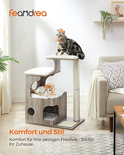 Cat Scratching Post 86 cm Medium Size Cat Scratching Post with 3 Lying Areas and Cave, Cat Tree Made of MDF with Wooden Veneer, Sisal Trunk, Washable Plush Cushions, Grey White