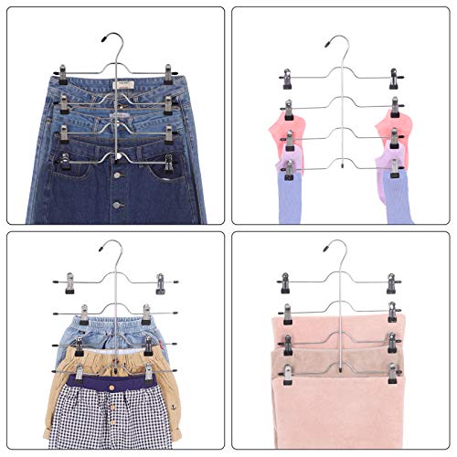 Trouser Skirt Hangers with Clips, Set of 3 Space Saving 4-Tier Metal Pant Hangers, with 8 Adjustable Non Slip Clips, for Slacks, Jeans, Towels, Shorts, 32 cm, Silver and Black