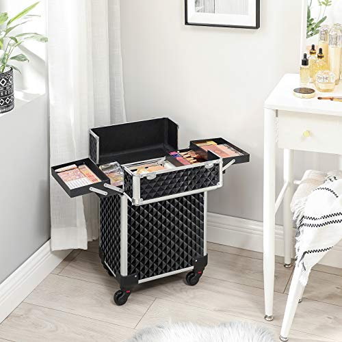 Cosmetic Case, Trolley, Makeup Case with Handle, 4 Universal Wheels, 4 Extendable Trays, Makeup Bag, for Travelling, Black