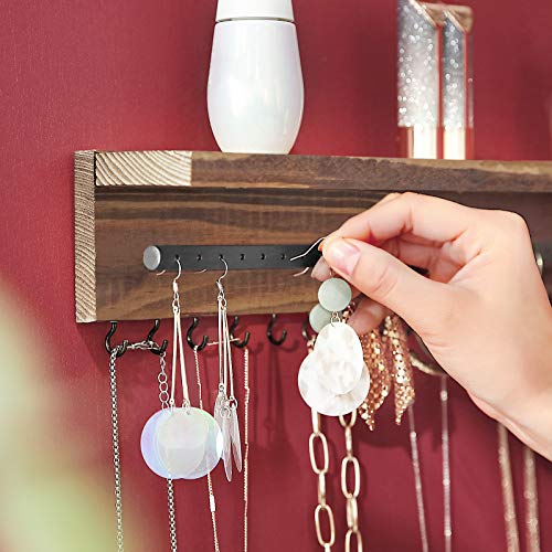 Jewellery Organiser, Wall-Mounted Jewellery Display with Shelf, Hooks, Earring, Bracelets Holder, Gift, Rustic Brown