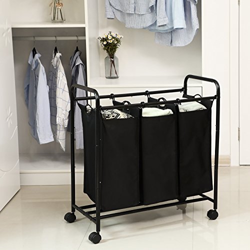 Rolling Laundry Sorter, Laundry Basket with 3 Removable Bags, Laundry Trolley, Toy Organiser on Wheels, Sturdy, 3 x 44L, Black