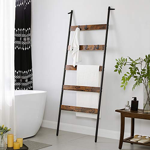 Blanket Ladder, Leaning Ladder Shelf, 5-Tier Towel Rack, 65 cm Wide, Steel Frame, for Blankets, Towels, Scarves, Industrial Style, Rustic Brown and Black