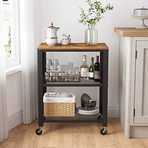 Serving Cart Trolley, Industrial Kitchen Rolling Utility Cart, Heavy Duty Storage Organiser, Wheels, for Kitchen and Living Room, Rustic Brown