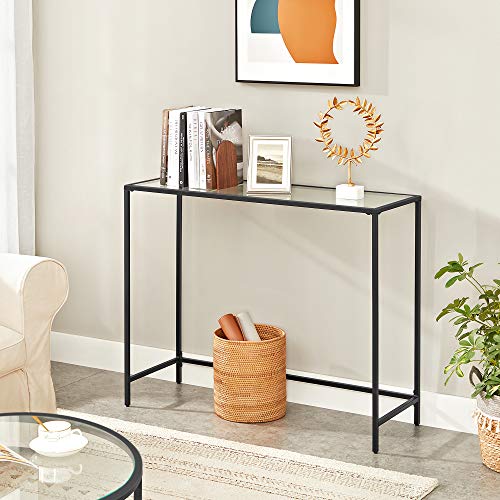 Console Table, Tempered Glass Table, Modern Sofa or Entryway Table, Metal Frame, Adjustable Feet, for Living Room, Hallway, Black