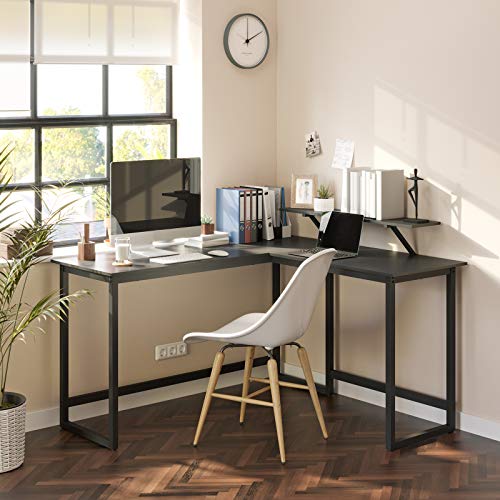 Computer Desk, L-Shaped Writing Workstation, Industrial Corner Desk With Monitor Stand, for Home Office Study Writing and Gaming, Space Saving, Easy Assembly, Black