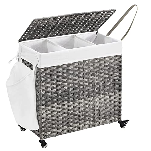 Laundry Basket, Handwoven Laundry Hamper, 140L Rattan-Style Washing Basket with 3 Compartments, Removable Liner, Handles, Lid, Living Room, Bathroom, 66 x 33 x 60 cm, Grey