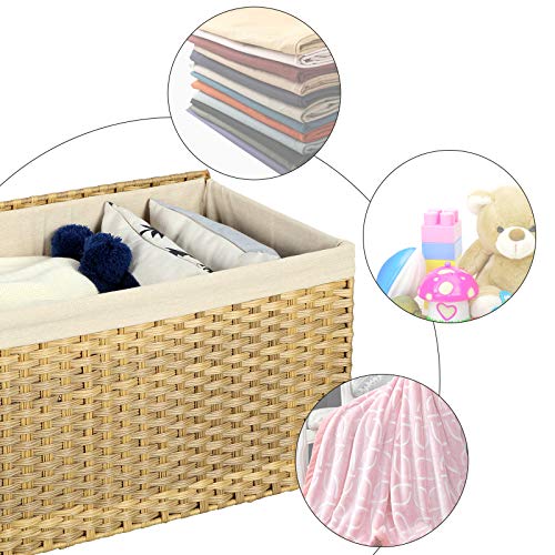 Rattan-Style Storage Box, Indoor Storage Basket, 65L Landry Hamper, Decorative Bin with Lid Liner Handles, Storage Trunk, Rectangular, Bedroom Closet Laundry Room, Natural