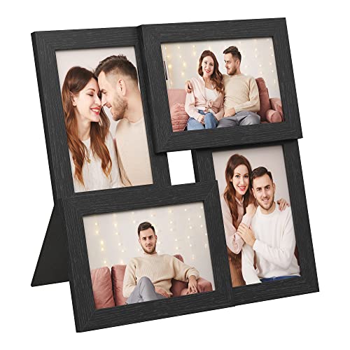 Picture Frames Collage for 4 photos, for 4" x 6" (10 x 15 cm), Wall Mounted Photo Gallery Display, Glass Front, Wood Grain, Black