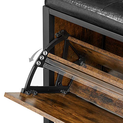 Shoe Bench Padded Shoe Organiser with Flap Shoe Cabinet for 6 Pairs of Shoes Steel Frame Industrial Design Vintage Brown/Black