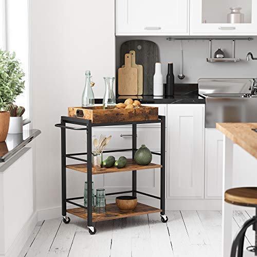 Kitchen Trolley with Removable Tray, Serving Cart Trolley, Universal Castors with Brakes, Leveling Feet, Steel Structure, Kitchen Shelf, 65 x 40 x 86 cm, Rustic Brown