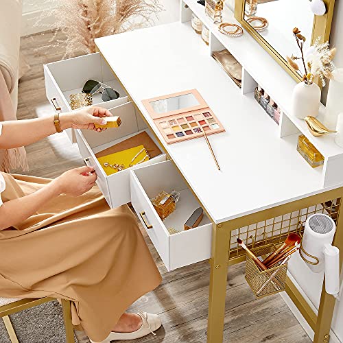 Dressing Table with Stool Vanity Table 10 LED Bulbs Mirror Adjustable Brightness Modern Bedroom Dressing Room White Gold