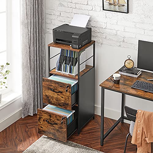 Filing Cabinet for Home Office, File Cabinet with 2 Drawers, Open Shelf, Steel Frame, for A4 and Letter Sized Files, Printer Stand, Industrial, Rustic Brown and Black